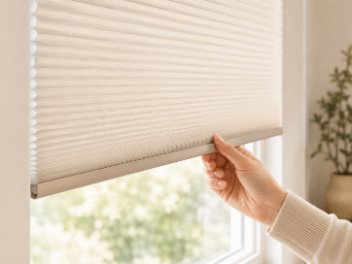 Hand raising a cordless honeycomb blind by the bottom rail.