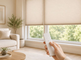 Hand using a remote control to operate motorised honeycomb blinds.