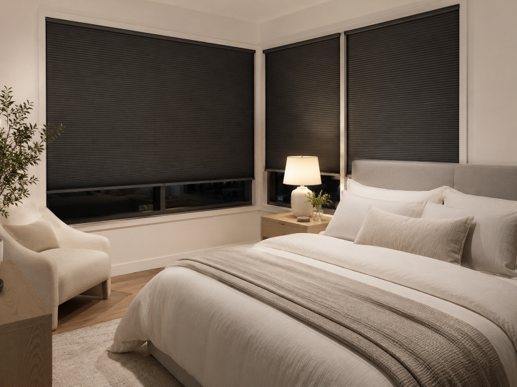 Blockout honeycomb blinds creating privacy and darkness in a bright bedroom at night